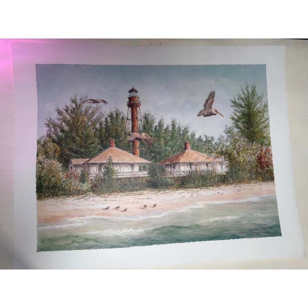 Vintage 1994 Coastal Sanibel Island Lighthouse Art Print Unisex 22x28
